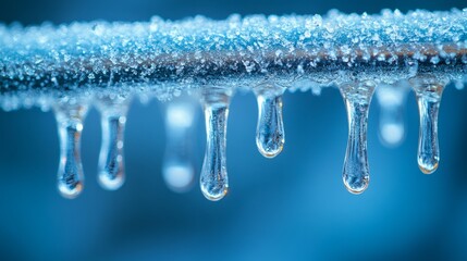 Icicles dangle from a branch, glowing softly in blue light, showcasing winter's delicate beauty