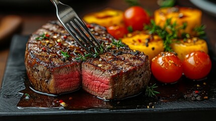 Juicy steak with roasted tomatoes and sweet squash showcases exceptional culinary skills