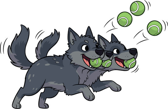 Three headed dog playing fetch with green balls