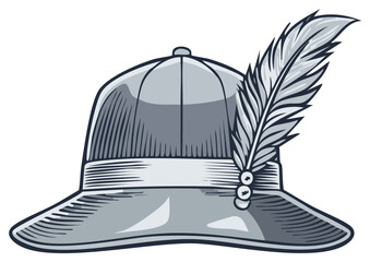 Classic Tyrolean style alpine hat with large feather and decorative trim vector illustration
