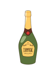 Green bottle of champagne. Closed container of bubbly, sparkling wine. Glass packaging of fizzy alcohol drink, carbonated booze, beverage. Flat isolated vector illustration on white background