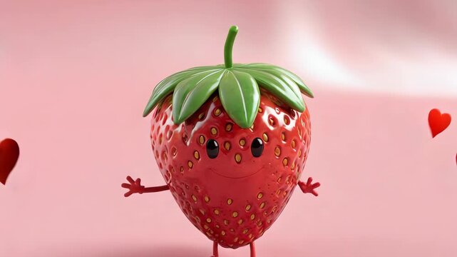 Cheerful animated strawberry waving hello against a pink background