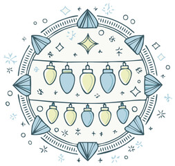 Naklejka premium Hand Drawn Holiday Ornaments Garland with Geometric Frame and Snowflakes