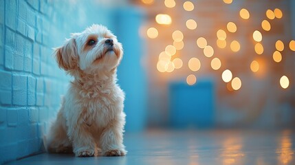 Soft fur shines as an adorable puppy reflects on its surroundings, illuminated by enchanting bokeh lights and charm