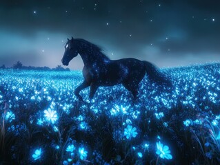 Black horse running across a field of blue flowers