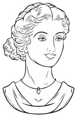 Elegant Vintage Woman Portrait Line Art Illustration with Elaborate Hairstyle and Necklace