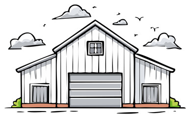 Illustration of a white barn with a large garage door under a cloudy sky