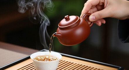 Steam rises from a teapot as tea is poured into a ceramic cup during a traditional East Asian tea ceremony.