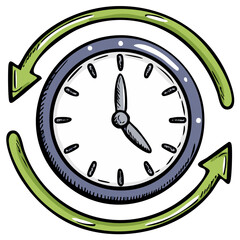 Hand drawn style round clock surrounded by arrows symbolizing time cycle or process flow diagram