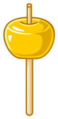 Cartoon Illustration of a Golden Caramel Apple on a Stick, Sweet Treat, Fall Food, Confection,  Dessert, Fair