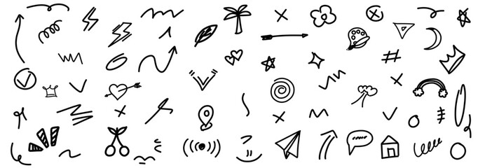 Hand-drawn doodle elements featuring random shapes, symbols, arrows, and playful sketches. Perfect for decoration, background design, creative notes, and modern graphic projects.