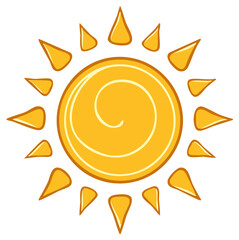 Stylized Yellow Sun with Swirl and Ray Petals: Summer Heat, Tropical Icon, Cartoon