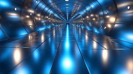A stunning futuristic tunnel beckons with sleek metal and vibrant blue light, sparking a sense of adventure