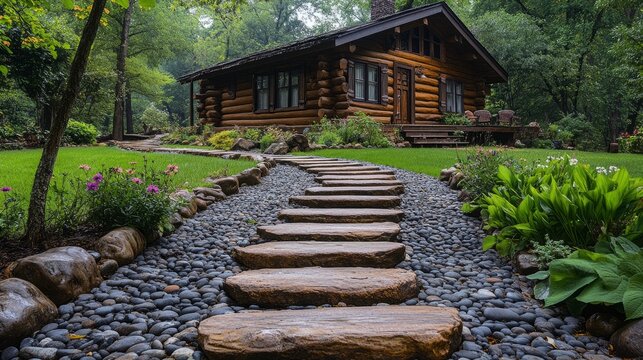 A cozy log cabin surrounded by lush greenery invites visitors to explore its tranquil grounds along a stone pathway