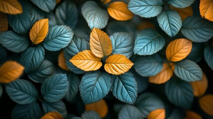 Leaves in striking shades of teal and gold create a mesmerizing natural tapestry, celebrating the beauty of autumn