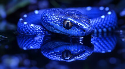 A mesmerizing blue snake elegantly swims across serene waters, creating a captivating reflection under twilight's charm