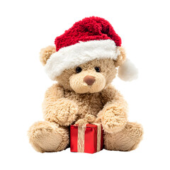 Cute teddy bear in Santa hat holding Christmas gift box PNG transparent for holiday designs. Christmas concept
