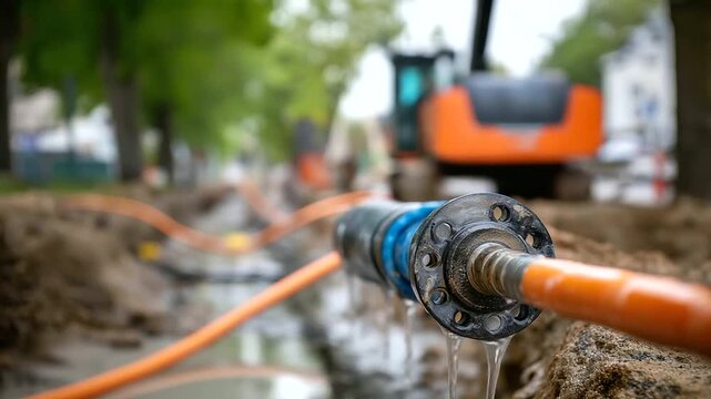 Construction site dewatering pumps removing groundwater from trench infrastructure installation challenge water management pump hoses visible wet construction conditions