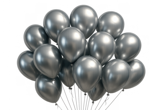 Bunch of shiny silver metallic balloons floating, celebrating party success, anniversary, or special event, transparent background
