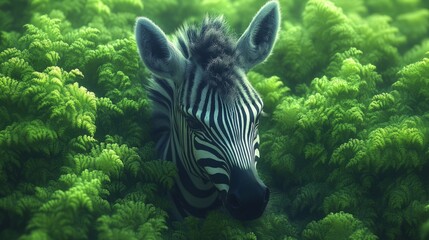 A striking zebra peeks through vibrant green ferns, showcasing nature's beauty and wildlife's grace in harmony