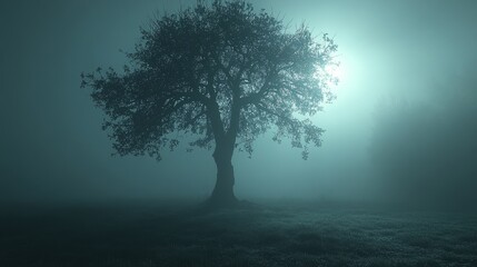 A solitary tree stands gracefully in thick fog, illuminated by ethereal moonlight, creating a mystical atmosphere
