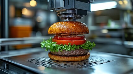 A high-tech machine assembles a gourmet burger with precision, showcasing fresh ingredients and modern cooking