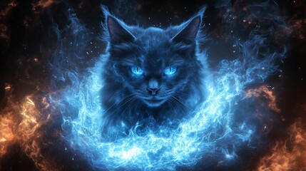 A black cat appears from blue flames, radiating an otherworldly aura with its piercing eyes in the dark cosmos