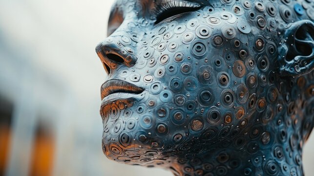 A captivating sculpture of a human figure, featuring detailed craftsmanship and harmony in an urban setting