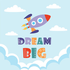 cartoon poster with rocket in sky