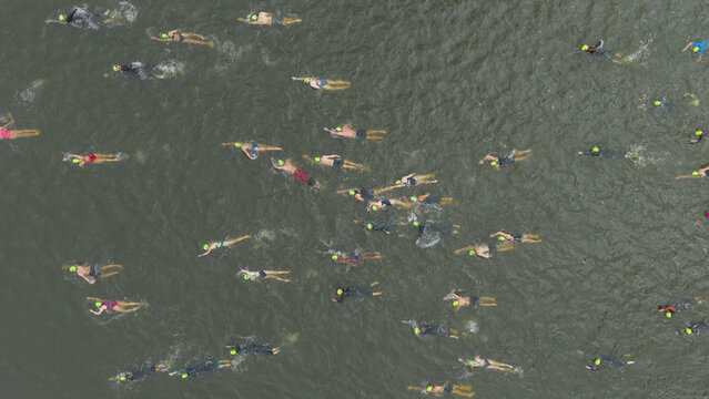 Cape Town, South Africa - 25 October 2025: Aerial view of swimmers cutting through the murky water, their bright caps a stark contrast against the deep tones.
