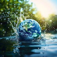 Obraz premium A small tree grows on a globe floating in water, symbolizing environmental conservation