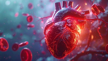 Illustration of a human heart with blood cells and plaque in a blood vessel 