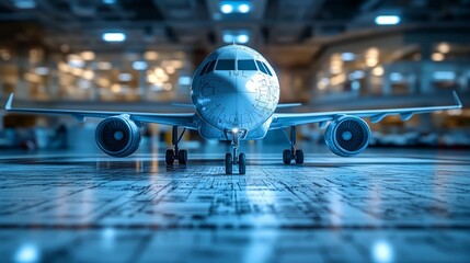 A sleek airplane model symbolizes advanced tech and artistry amid a vibrant airport setting