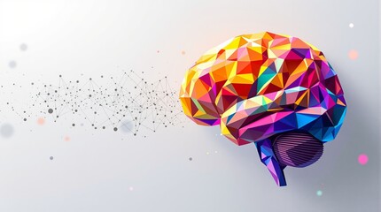 Artificial intelligence and creative thinking concept with a colorful low-poly brain and complex neural network