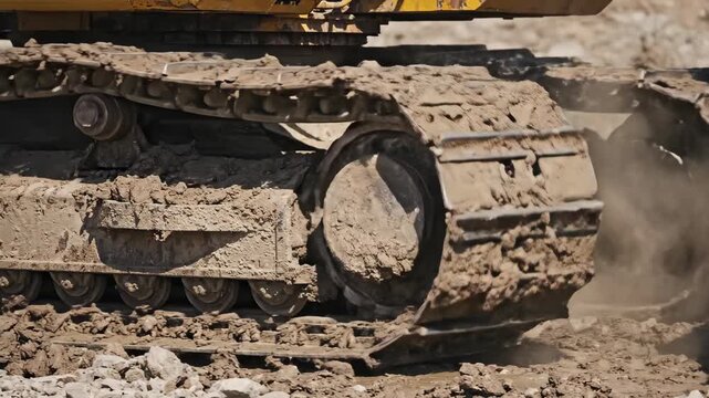 Heavy machinery continuous track system caked with earth and mud
