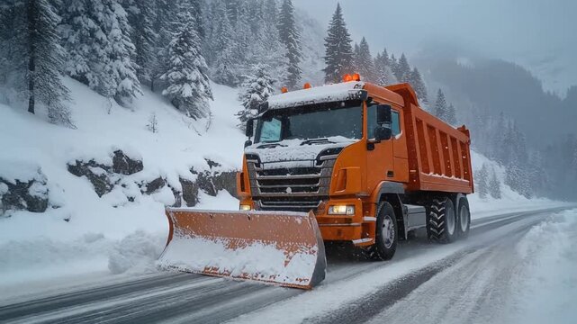 gran cami&oacute;n quitanieves naranja avanzando por una carretera de monta&ntilde;a durante una intensa nevada. El veh&iacute;culo empuja la nieve con una pala frontal met&aacute;lica.