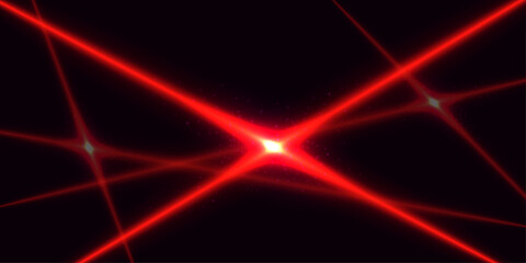 Abstract crossed red laser light lines shining on dark background
