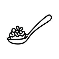 Line art illustration of a dessert spoon holding a small, decorated cake or sweet treat with berries