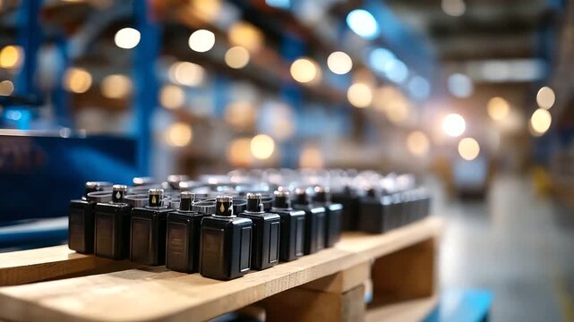 End of line battery pack on shipping pallet completed EV component manufacturing output quality approved sticker visible warehouse logistics storage area defocused with copy