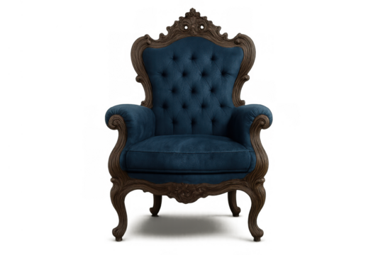 Vintage navy blue velvet armchair with ornate rococo style dark wood frame, featuring tufted upholstery and elegant design on transparent background