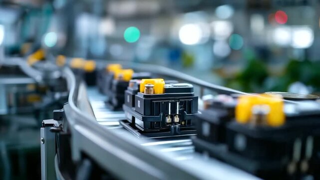 Conveyor system transporting battery modules between stations automated logistics EV production flow material handling efficiency multiple battery packs visible factory