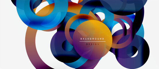 Abstract colorful shapes overlap, creating dynamic visual effect. Gradient hues blend, forming modern background design.