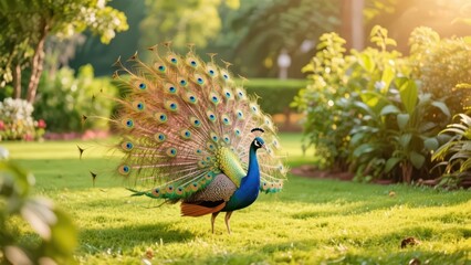 Obraz premium A peacock displays its feathers on the garden lawn, presenting a gorgeous feather form and a fresh natural aesthetic atmosphere.