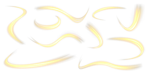Vector png gold swirl trail effect. Neon light line effect with glow and speed. Abstract yellow wave with magical swirl, trail and sparkle. 