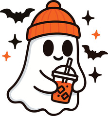 halloween cute ghost with ice coffee clipart vector eps