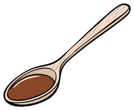 Cartoon wooden spoon with brown liquid medicine or syrup vector illustration
