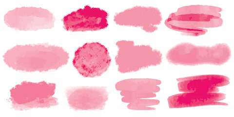 Raspberry-pink watercolor stains set for Valentines Day. Abstract delicate light red translucent splatters. Paint splashes for love and romance mood and atmosphere, vector elements