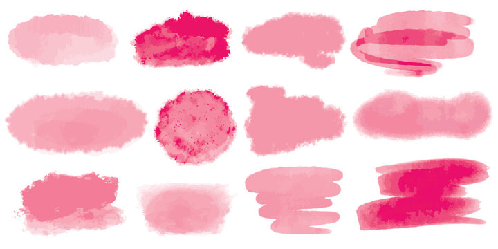 Raspberry-pink watercolor stains set for Valentines Day. Abstract delicate light red translucent splatters. Paint splashes for love and romance mood and atmosphere, vector elements