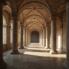 Sunlit hallway characterized by arched stone columns and a vaulted ceiling, creating an expansive and illuminated space.