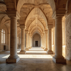 Sunlit hallway characterized by arched stone columns and a vaulted ceiling, creating an expansive and illuminated space.